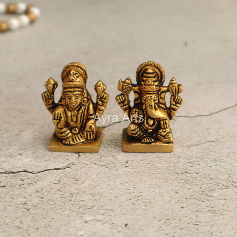 Brass Lakshmi Ganesh Small Idols Set of 2 - 1.5 Inch Height Brass Lakshmi Ganesh Small Idols Set of 2 - 1.5 Inch Height