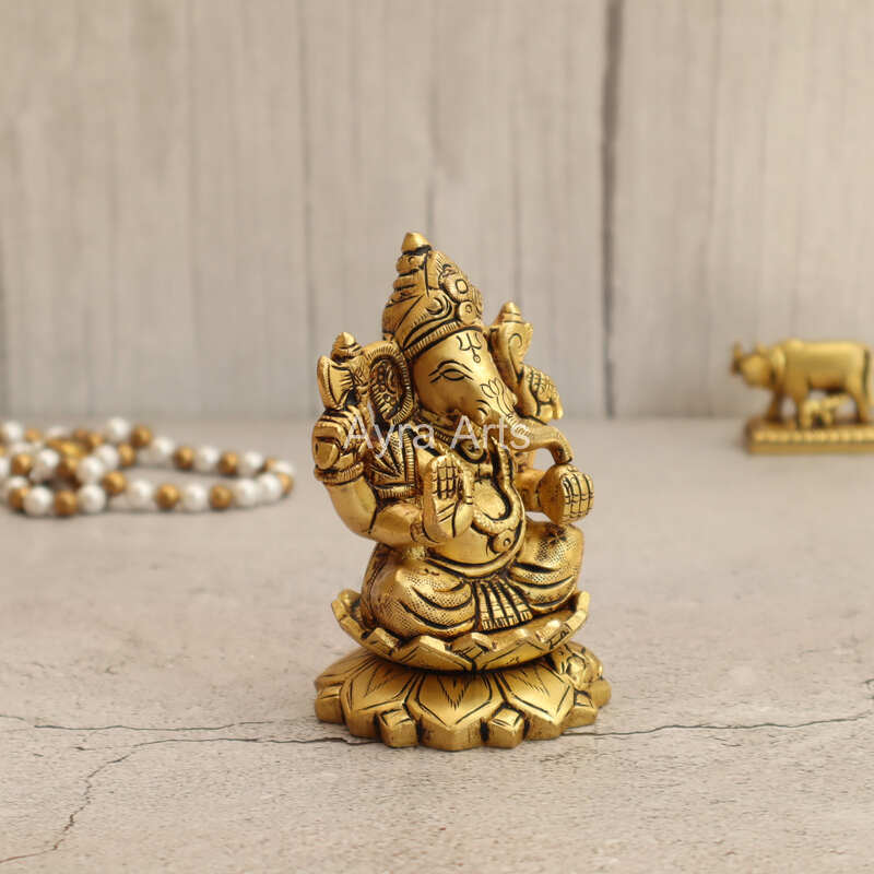 Elegant Brass Kamal Ganesh Idol - 4 Inch Height