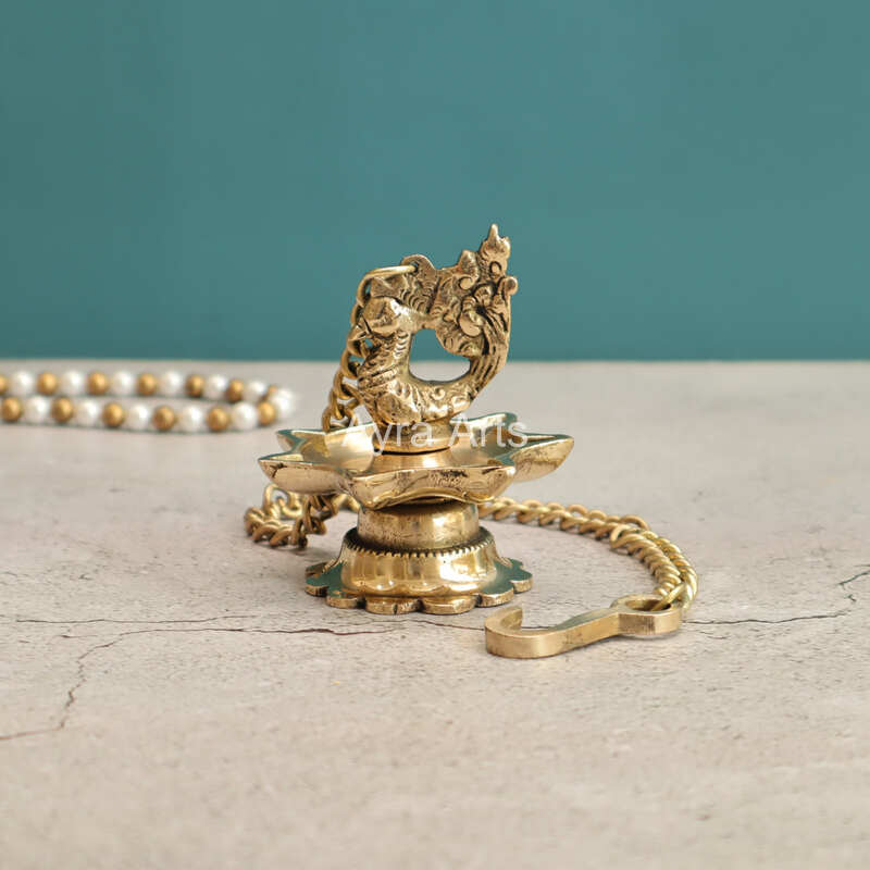 Brass Hanging Peacock Diya Lamp for Puja 7 Oil Wick with Chain for Home Decoration - 3 Inch Length
