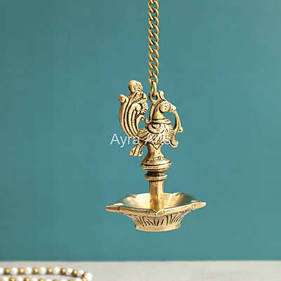 Brass Peacock Five Wick Petal Hanging Diya for Home Temple - 3 Inch Length
