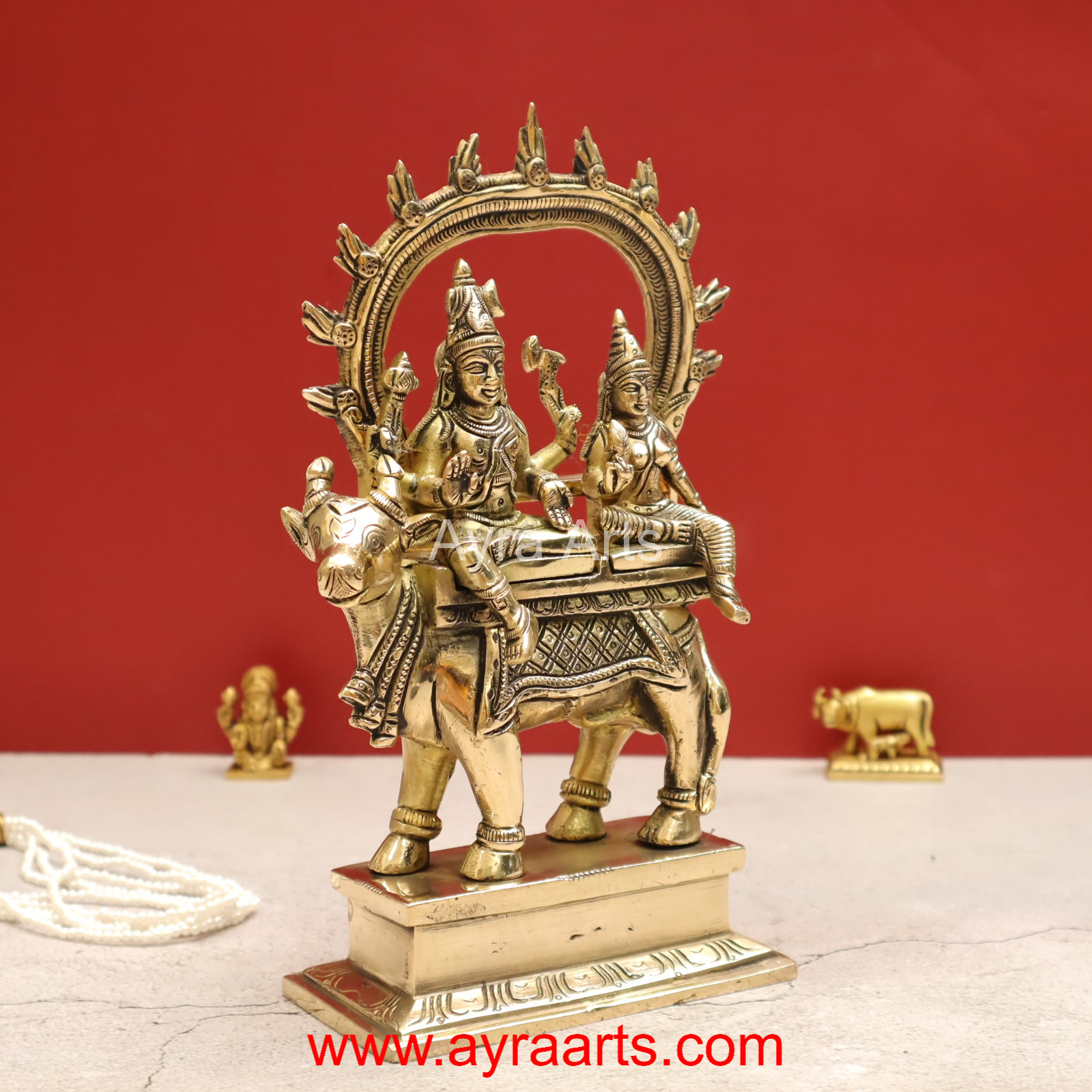 Handmade Shiva Parvati Seated on Nandi Pradosh Nayagar with Prabhavali Idol - 9 inch Height