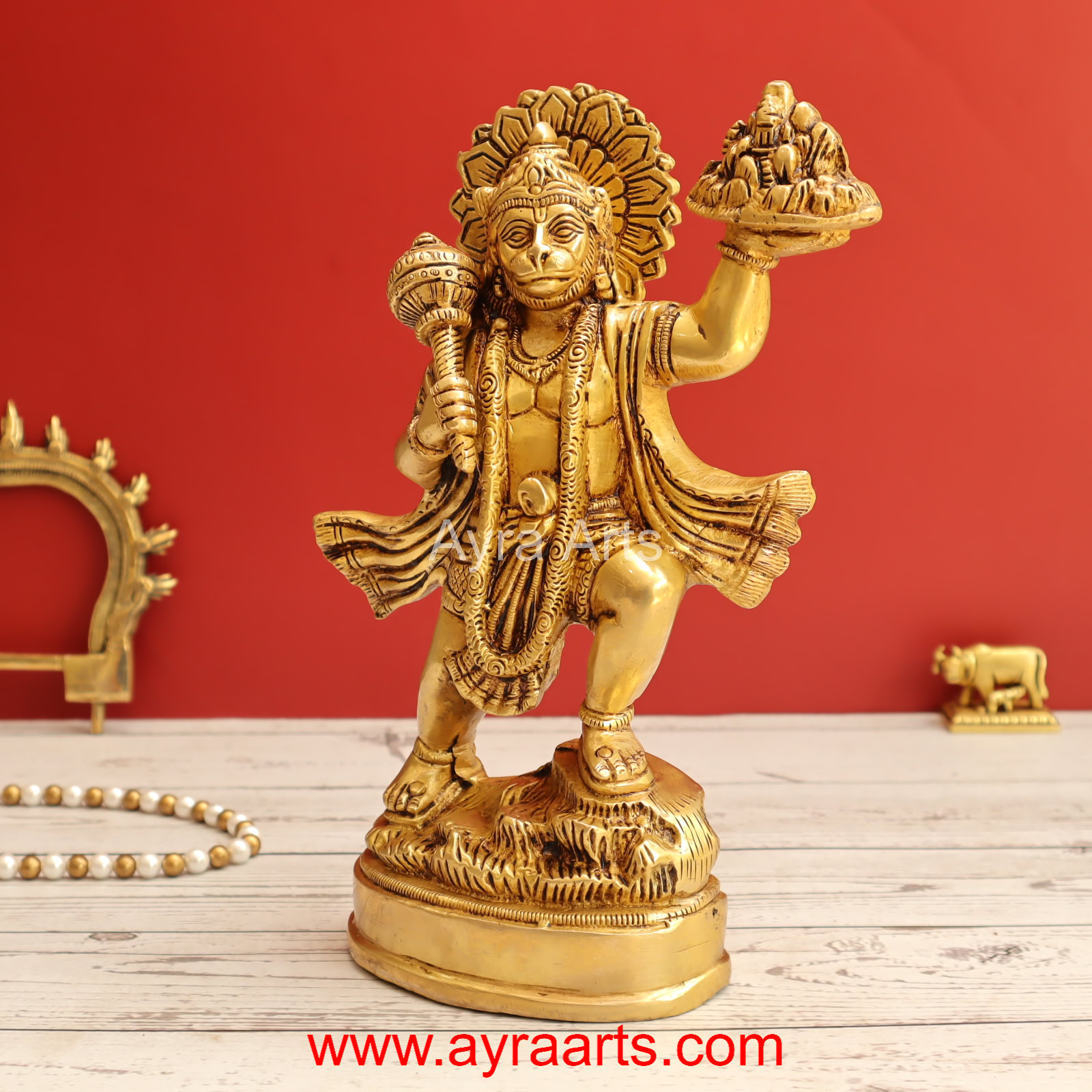 Brass Hanuman Ji with Sanjeevani Mountain Idol - 10 inch Height