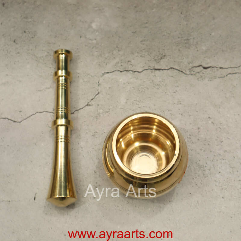 Pure Brass Kutani Small Mortar and Pestle Traditional Hand Smasher Round for Kitchen- 7 Inch Height