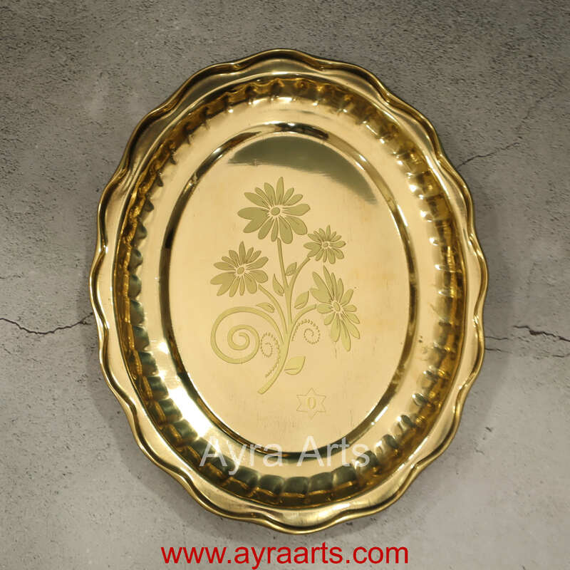 Brass Flower Design Embossed Oval Tray