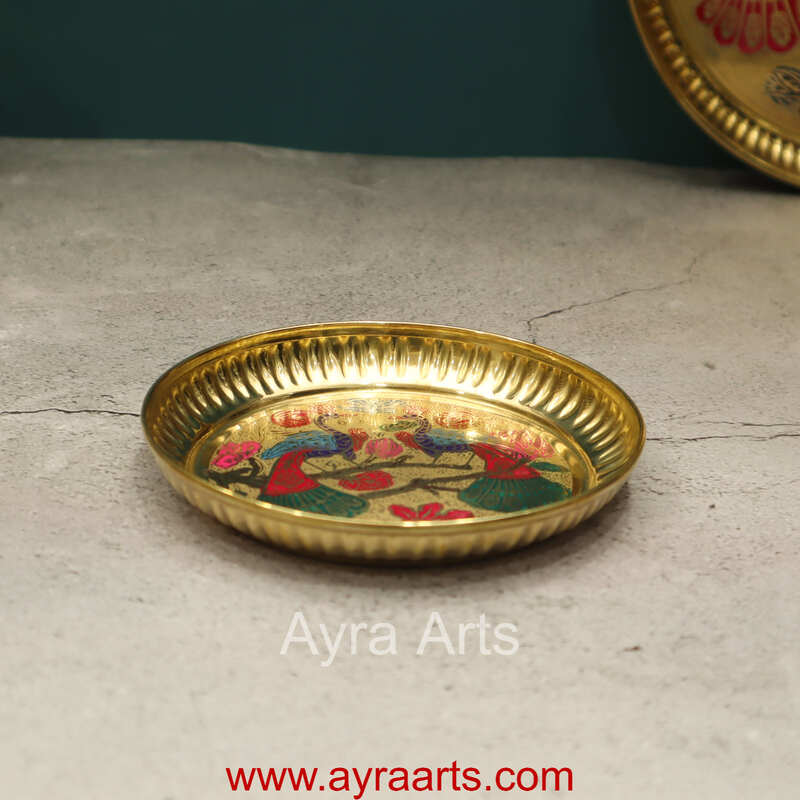 Brass Plate for Pooja Engraved Printed Peacock Design Inside