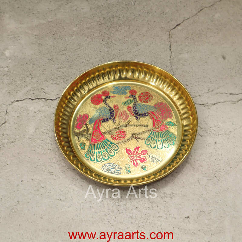 Brass Plate for Pooja Engraved Printed Peacock Design Inside