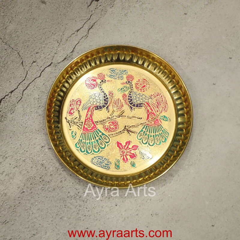 Brass Plate for Pooja Engraved Printed Peacock Design Inside