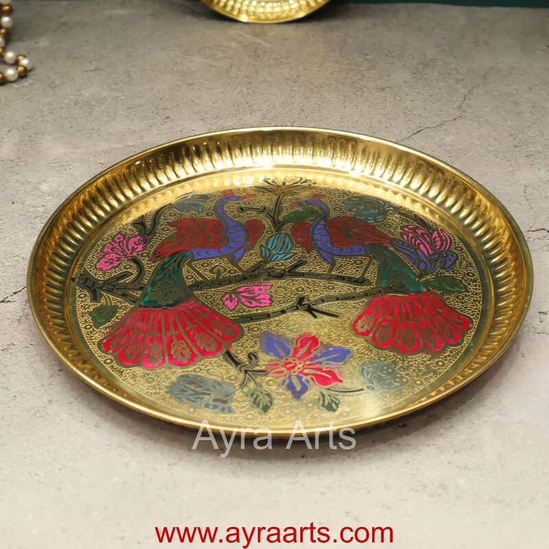 Brass Plate for Pooja Engraved Printed Peacock Design Inside