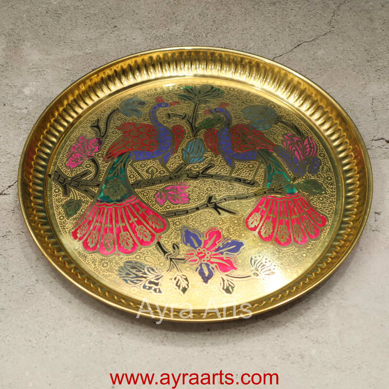 Brass Plate for Pooja Engraved Printed Peacock Design Inside