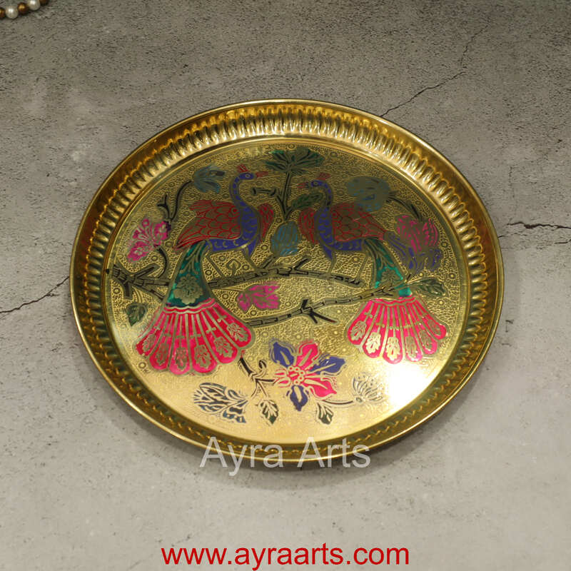 Brass Plate for Pooja Engraved Printed Peacock Design Inside