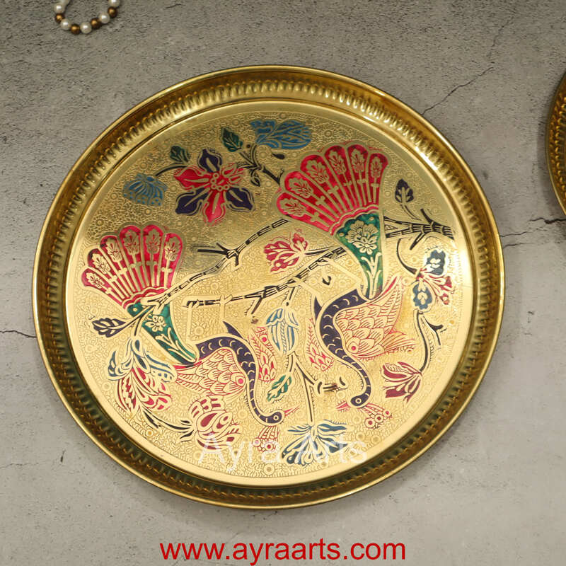 Brass Plate for Pooja Engraved Printed Peacock Design Inside