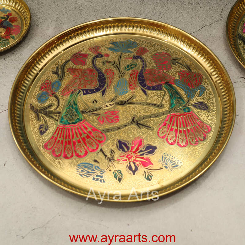Brass Plate for Pooja Engraved Printed Peacock Design Inside
