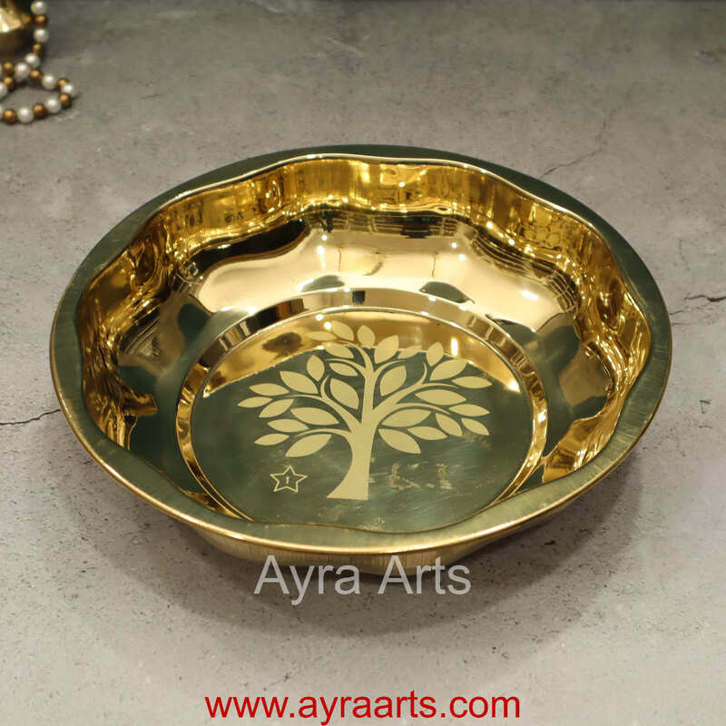 Pure Brass Design Embossed Pooja Plate - 9 Inch Length