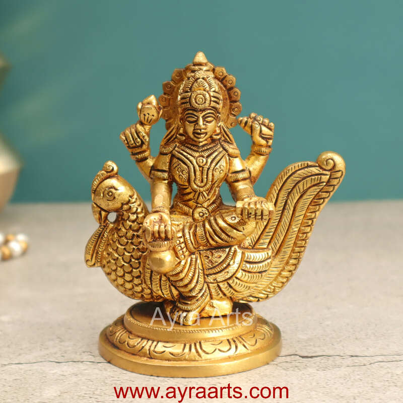 Brass Idol Hindu Goddess Gayatri Mata Devi Sitting on Swan Savitri Mother of Vedas for Puja Mandir Temple - 4.5 inch height Brass Idol Hindu Goddess Gayatri Mata Devi Sitting on Swan Savitri Mother of Vedas for Puja Mandir Temple - 4.5 inch height