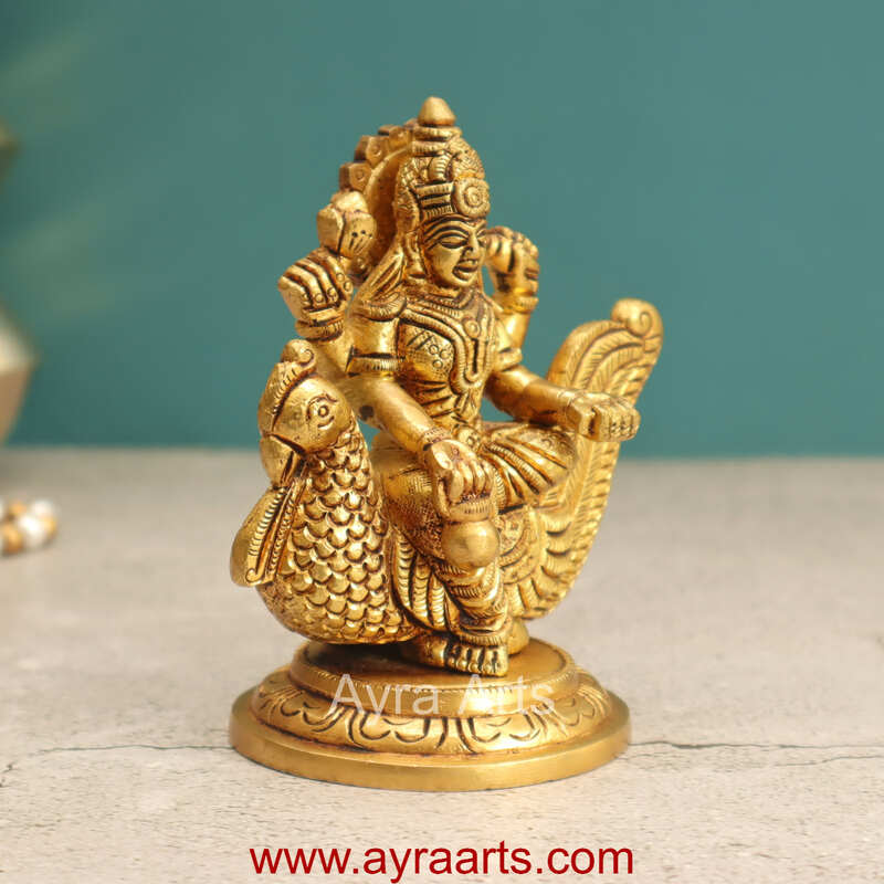 Brass Idol Hindu Goddess Gayatri Mata Devi Sitting on Swan Savitri Mother of Vedas for Puja Mandir Temple - 4.5 inch height Brass Idol Hindu Goddess Gayatri Mata Devi Sitting on Swan Savitri Mother of Vedas for Puja Mandir Temple - 4.5 inch height