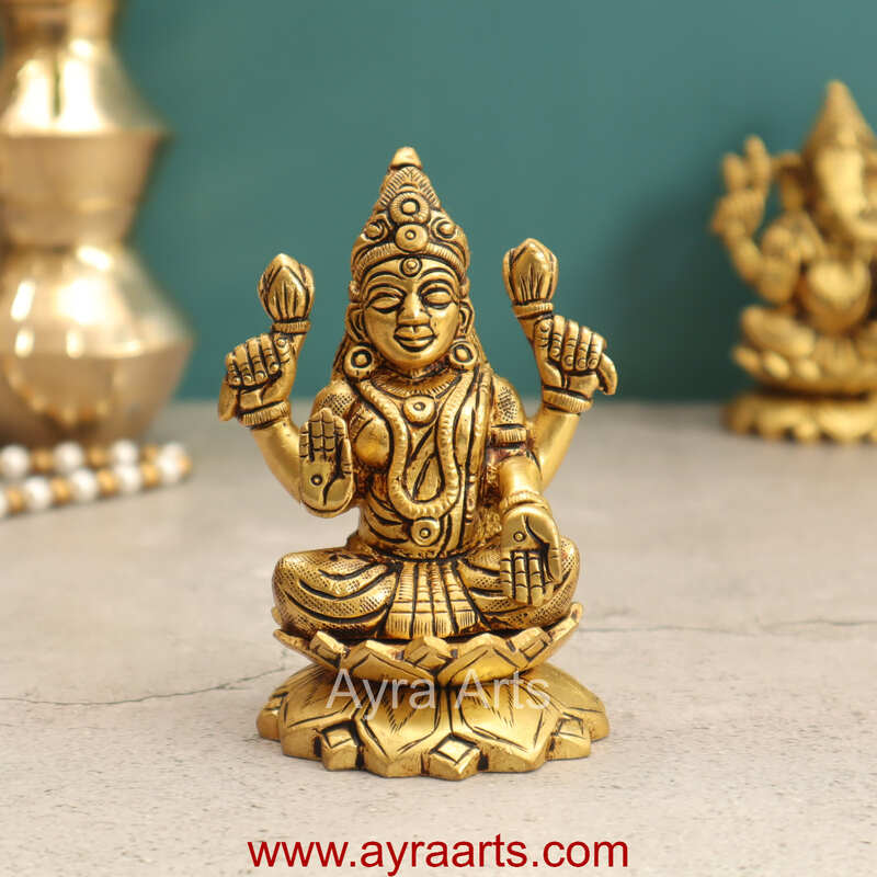 Brass Fine Art Lakshmi Sitting On Lotus Base - 4 Inch Height Brass Fine Art Lakshmi Sitting On Lotus Base - 4 Inch Height
