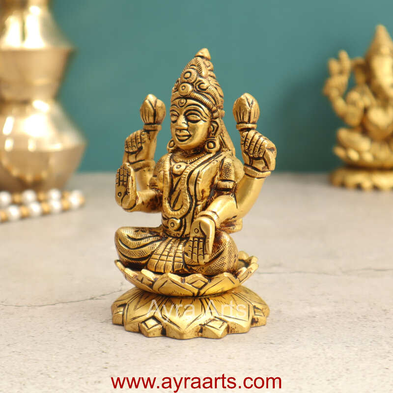 Brass Fine Art Lakshmi Sitting On Lotus Base - 4 Inch Height Brass Fine Art Lakshmi Sitting On Lotus Base - 4 Inch Height