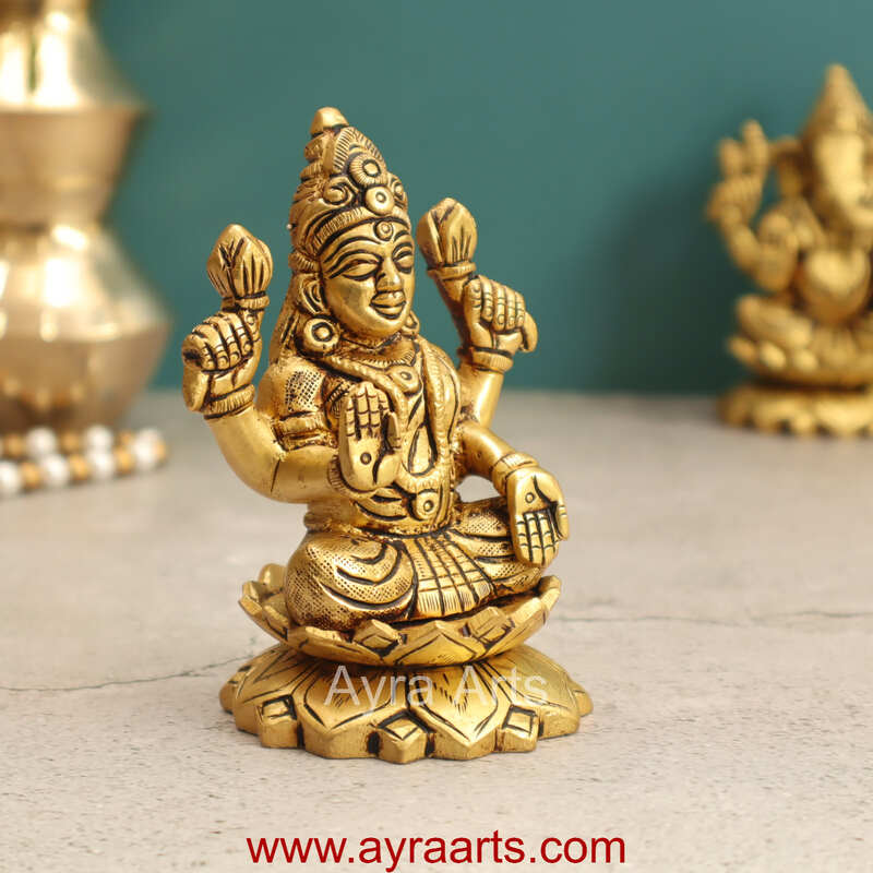 Brass Fine Art Lakshmi Sitting On Lotus Base - 4 Inch Height Brass Fine Art Lakshmi Sitting On Lotus Base - 4 Inch Height