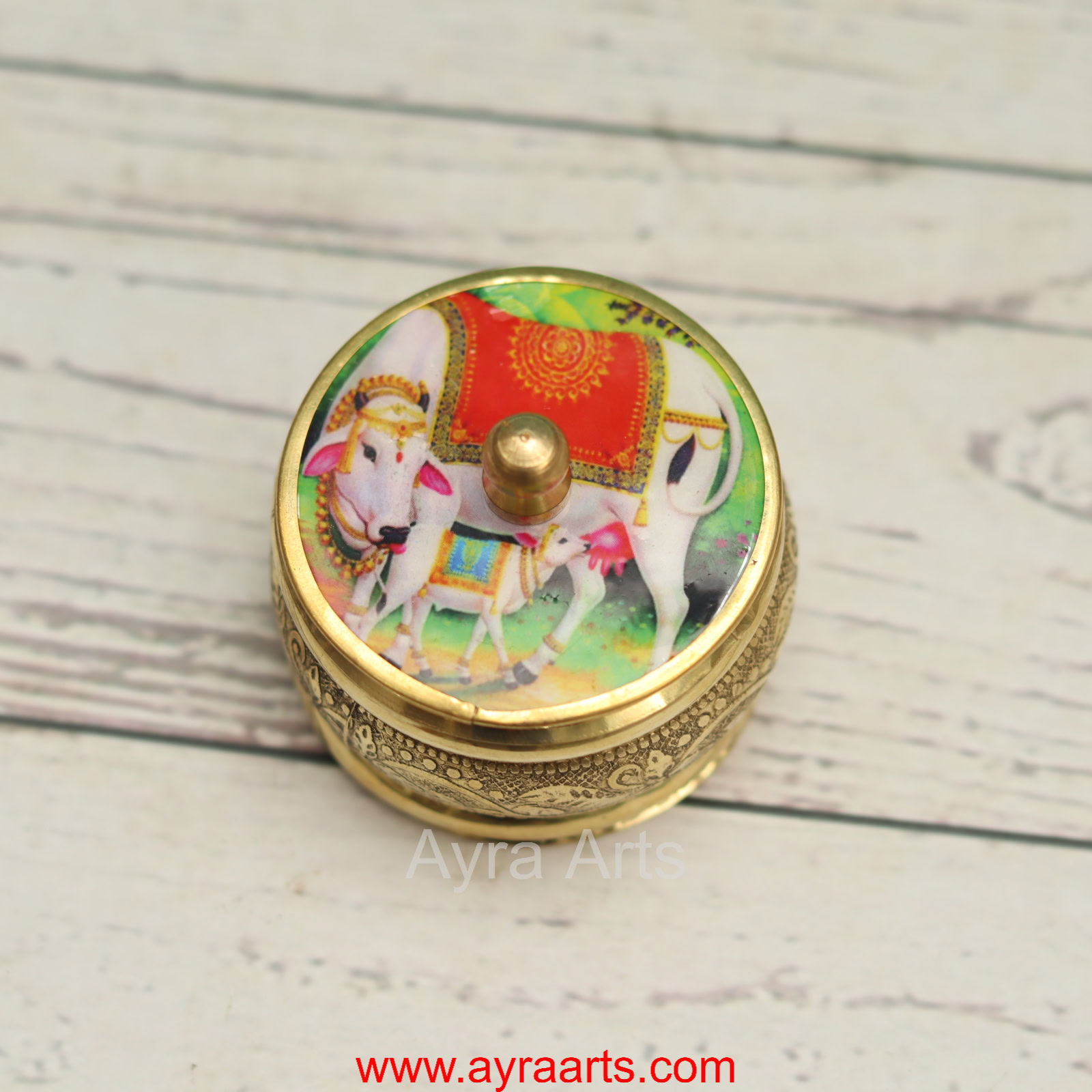 Brass Handcrafted Cow Meena Design Sindoor Dibbi Kumkum Box Fancy Box Round - 2 Inch Length