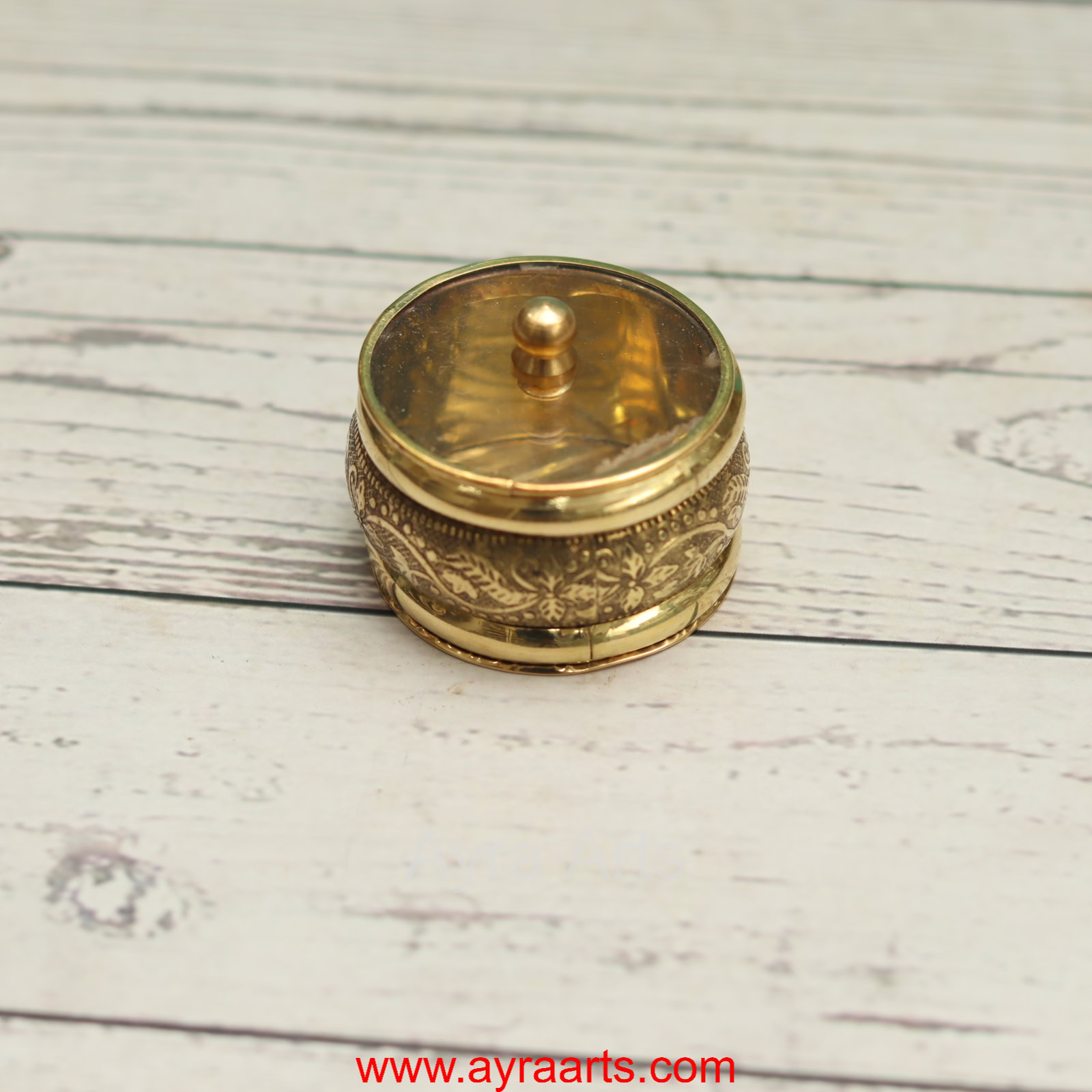 Brass Handcrafted Sindoor Dibbi Kumkum Box with Transparent Glass Top Fancy Box Round - 2 Inch Length