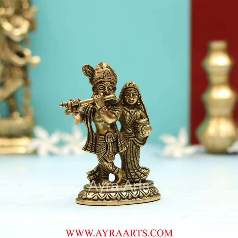Brass Superfine Small Radha Krishna Together Idol - 4 Inch Height
