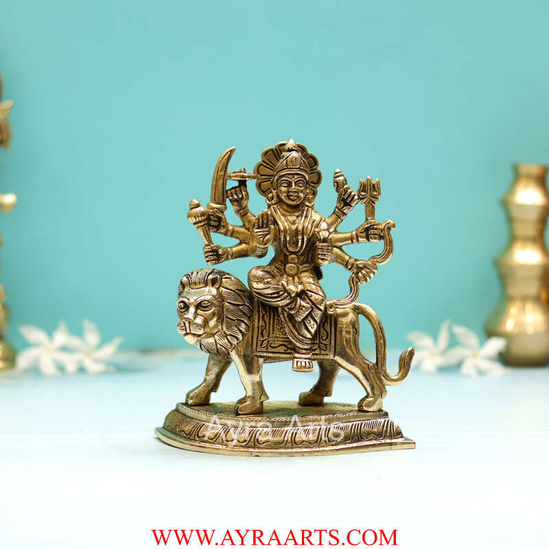 Handcrafted Goddess Durga idol in Pure Brass Devi Maa Sitting On The Lion - 6 Inch Height