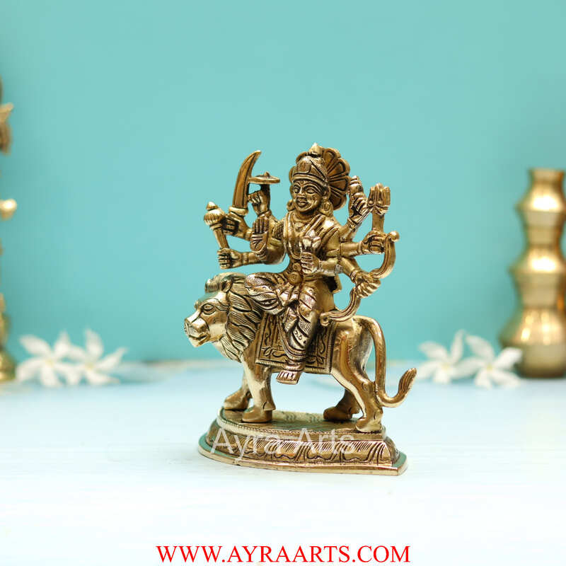 Handcrafted Goddess Durga idol in Pure Brass Devi Maa Sitting On The Lion - 6 Inch Height