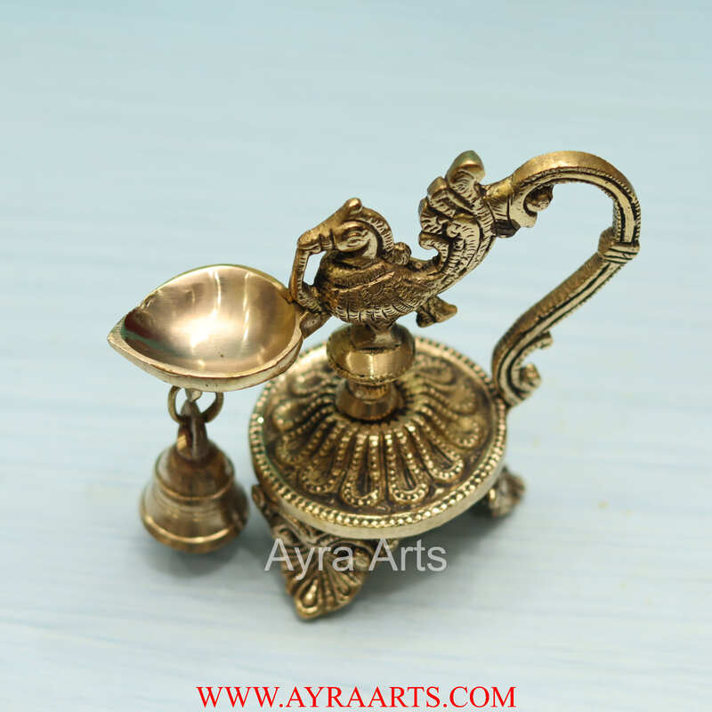 Brass Peacock Diya With Bell - 5 Inch Height