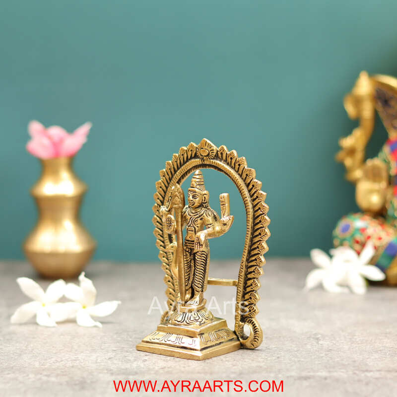 Brass Load Shanmukha Murugan Kumaraswamy Subramanya Swamy With Kirtimukha and Peacock - 5 Inch Height