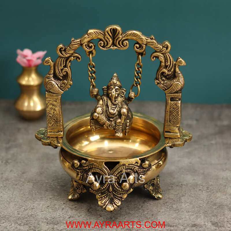 Brass Divine Ganesha Swinging on Urli Decorative Bowl for Pooja Home Decor - 9 Inch Height