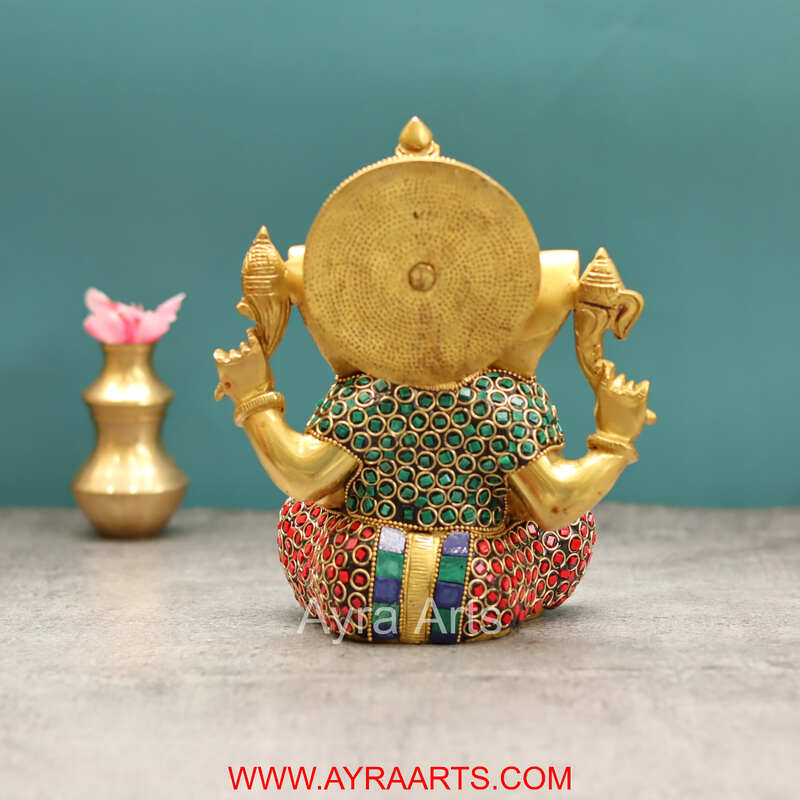 Divine Ganesha Stone Work in Brass - 8 Inch Height