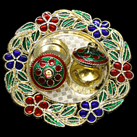 Blue Red Green Gold Enamel Round Kumkum Dibbi Plate