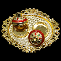 Gold Red Oval Plate Kumkum Dibbi Set