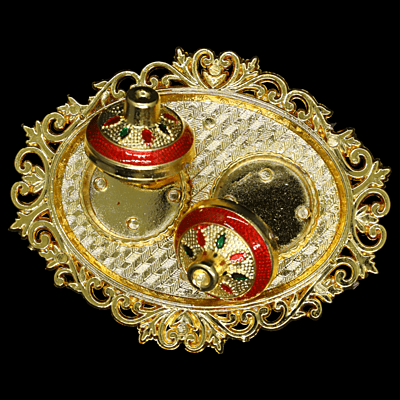 Gold Red Oval Plate Kumkum Dibbi Set