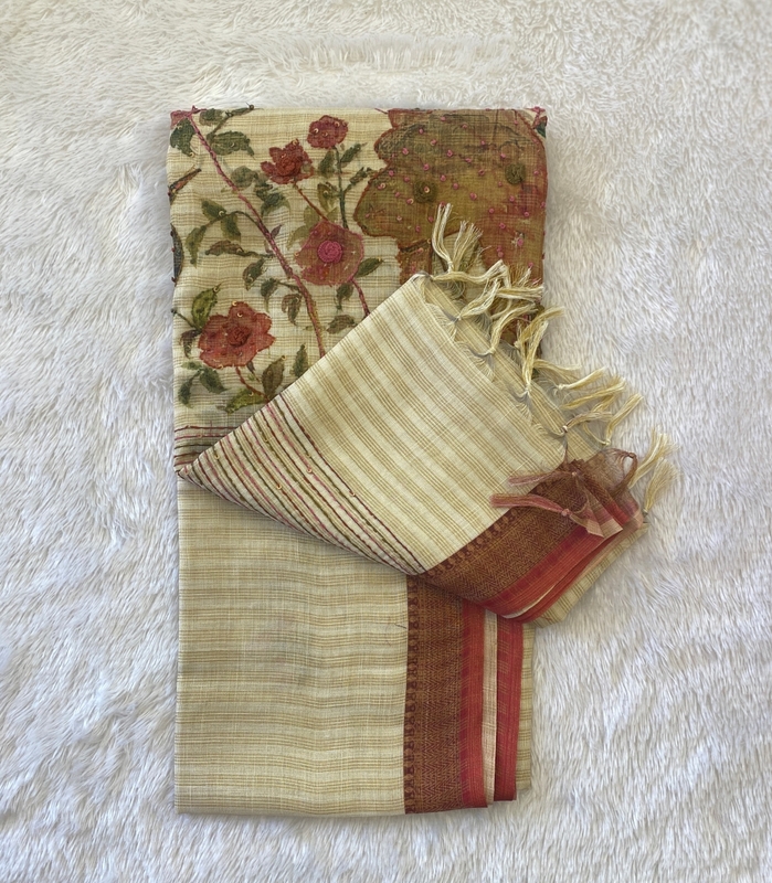 Saanvi White - Linen Kantha Work Saree SWS200