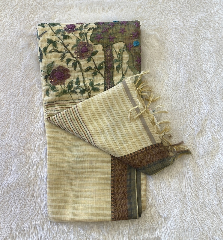 Saanvi White - Linen Kantha Work Saree SWS200