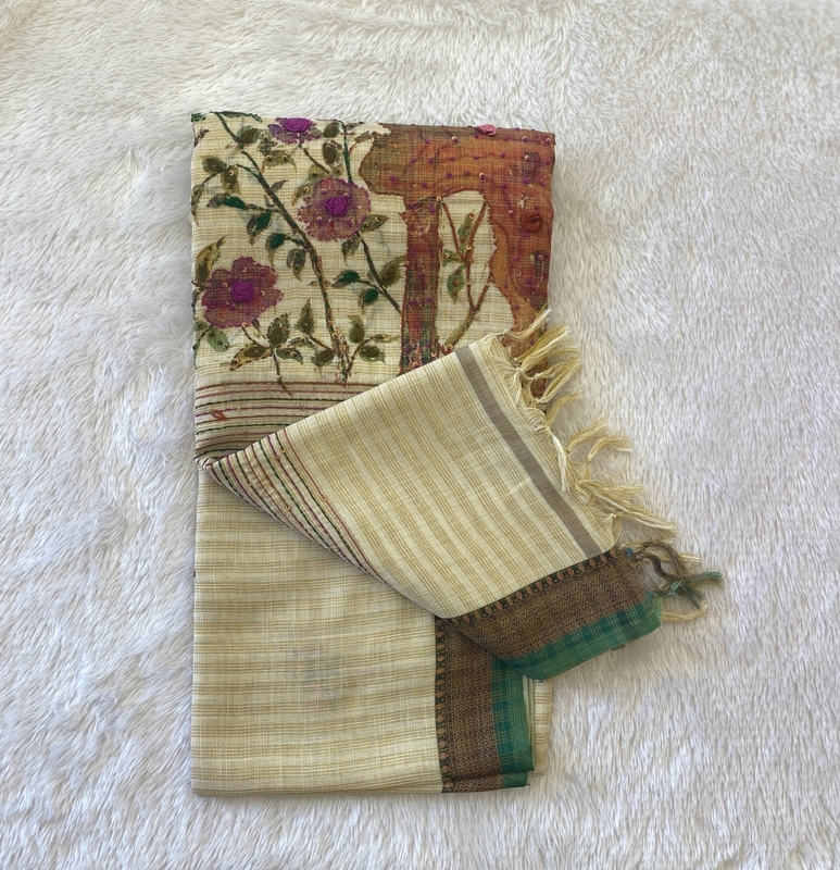 Saanvi White - Linen Kantha Work Saree SWS200