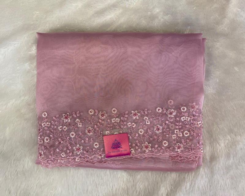 Clara - The Organza Saree in Floral Thread Border (Pastel Pink) 19011