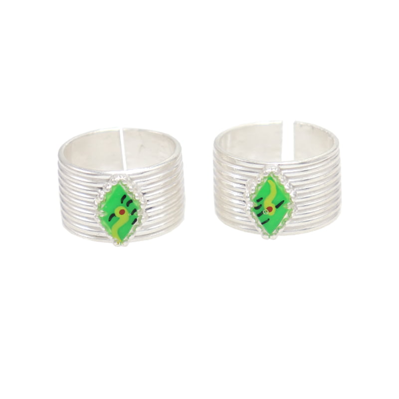Silver Toe ring, Metti with Green Enamel Design