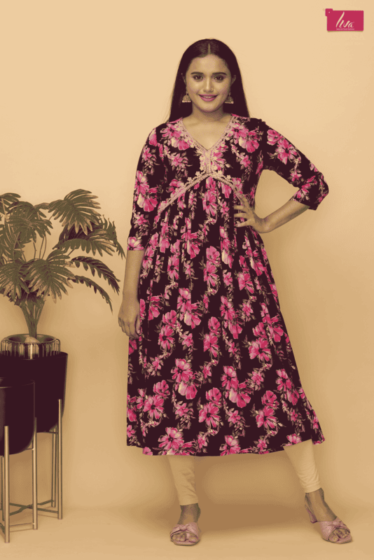 Mix n match Floral printed aliacut kurtha(Pink)(pack of all sizes )