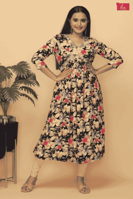 mix n match floral  printed aliacut kurtha Navy Blue (Pack of all sizes)