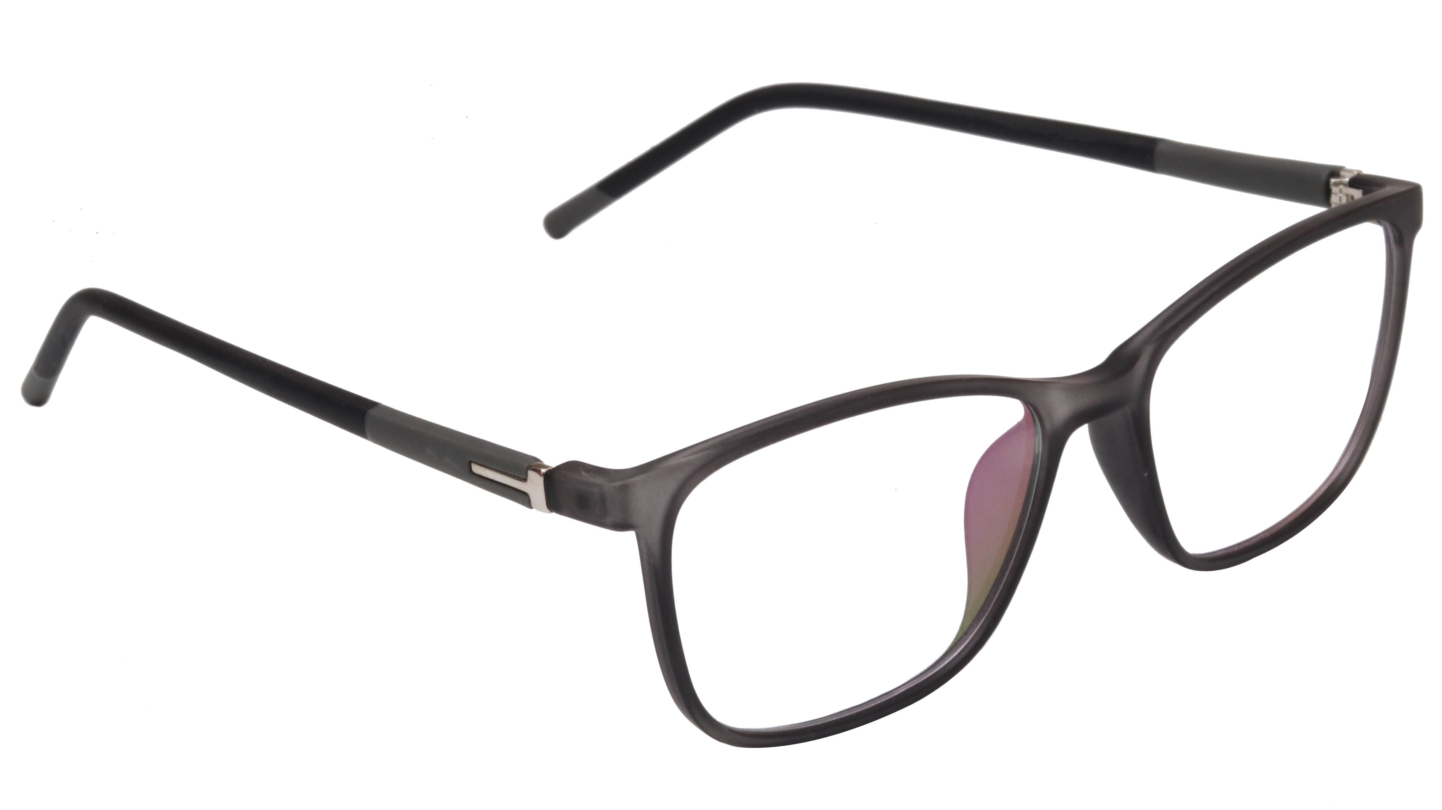 Unisex Rectangular Spectacle Frame. See Through Matte Grey Color Rim. Grey & Black Color Temple.