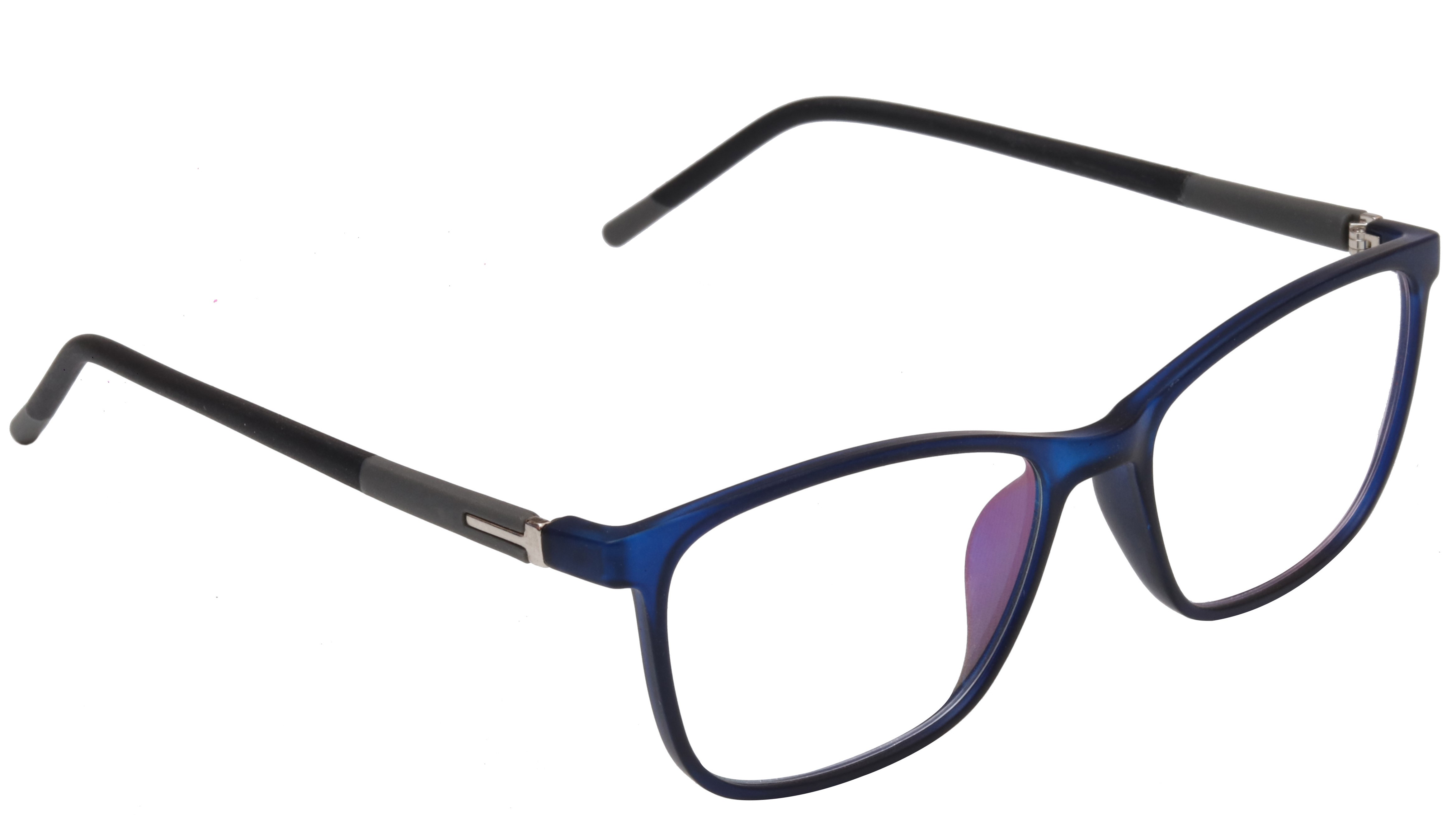 Unisex Rectangular Medium Spectacle Frame. Dark Blue Color Rim. Grey & Black Color Temple.