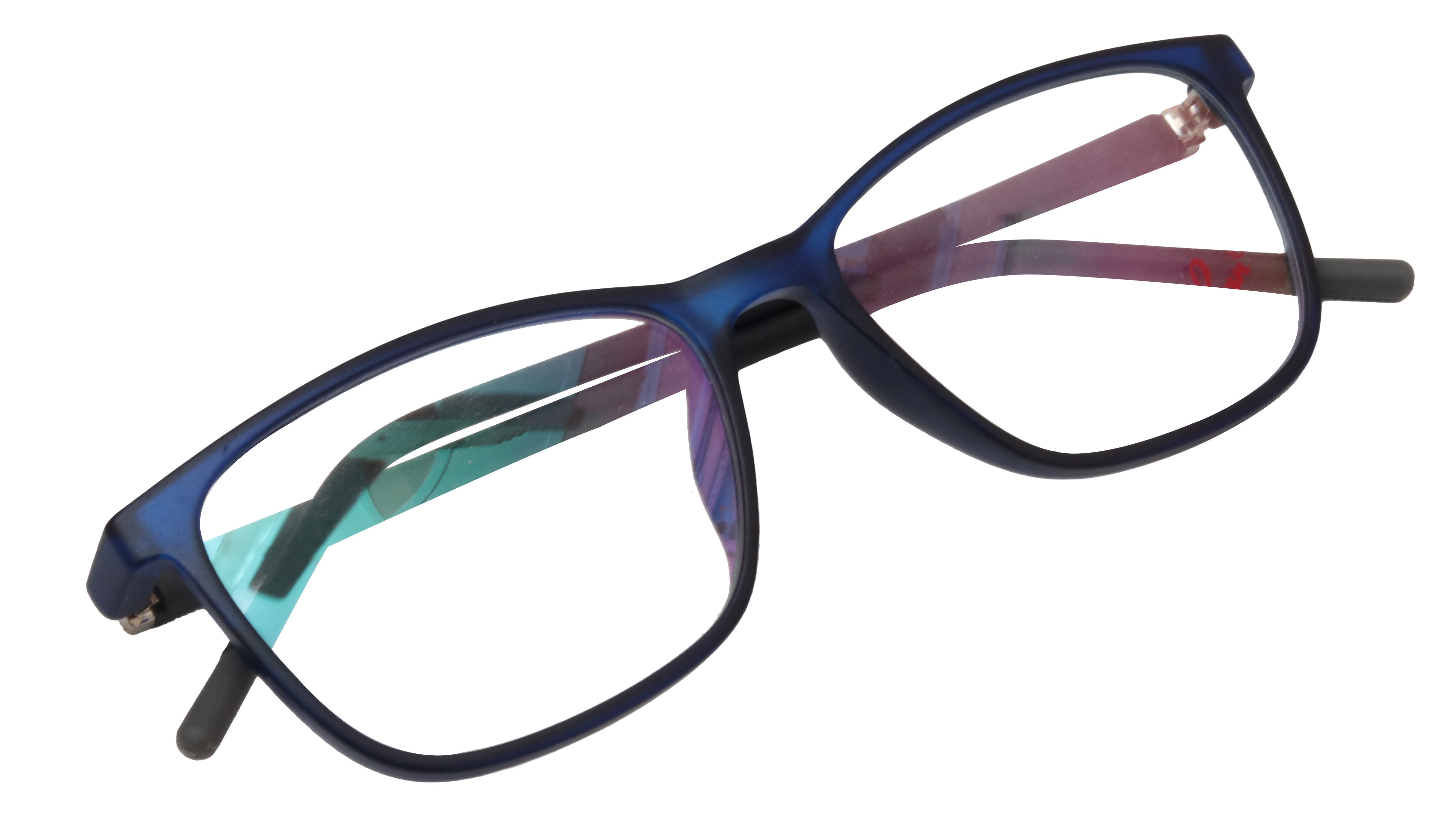 Unisex Rectangular Medium Spectacle Frame. Dark Blue Color Rim. Grey & Black Color Temple.