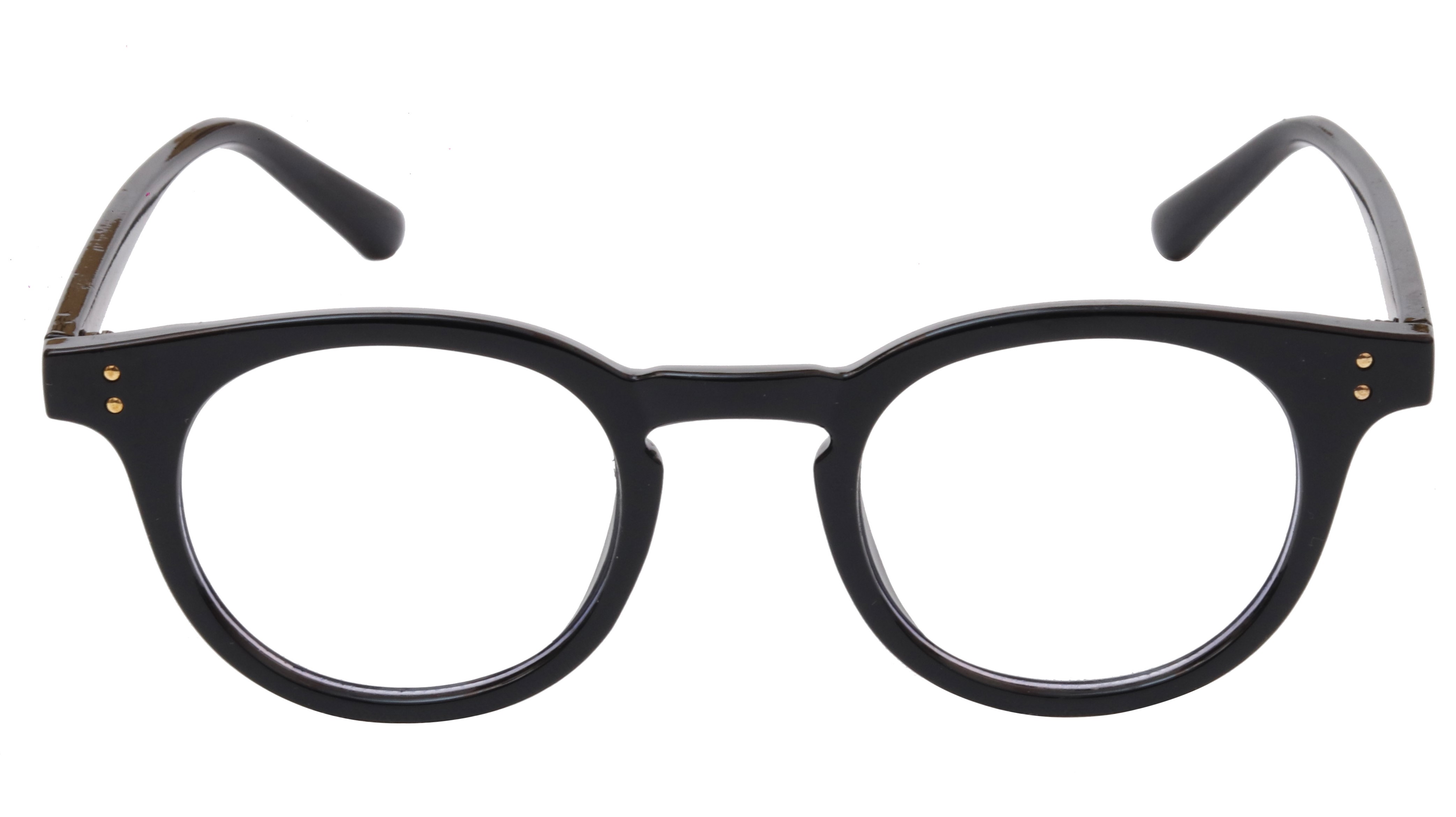 Unisex Large Round Spectacle Frame. Glossy Black Frame. Transparent Color Blue Lens.