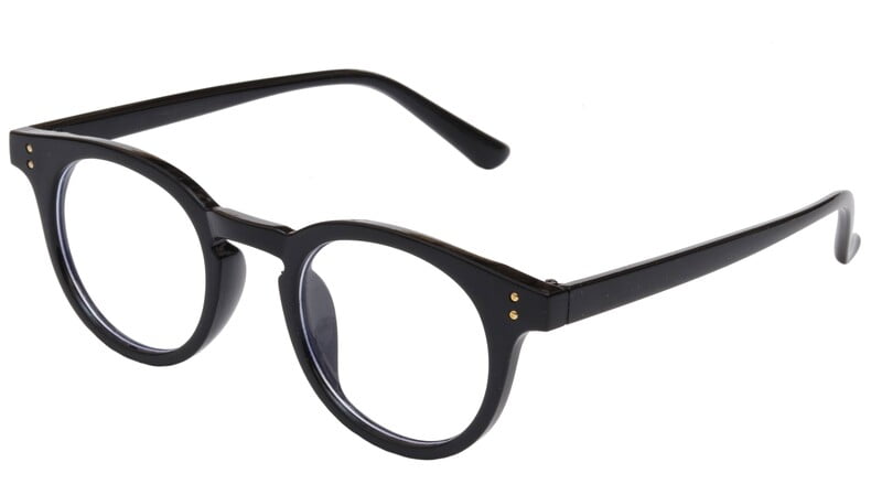 Unisex Large Round Spectacle Frame. Glossy Black Frame. Transparent Color Blue Lens. Unisex Large Round Spectacle Frame. Glossy Black Frame. Transparent Color Blue Lens.