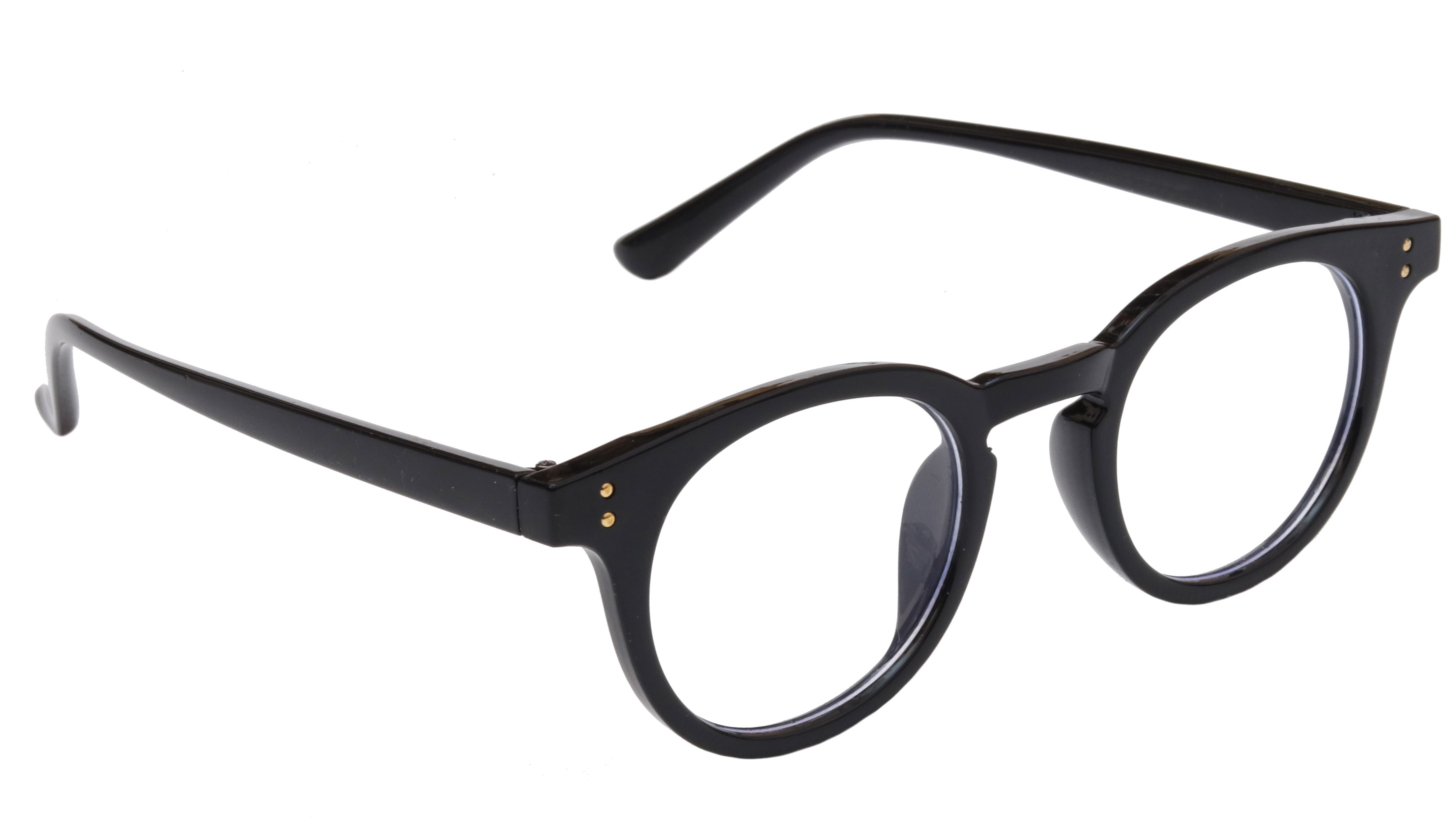 Unisex Large Round Spectacle Frame. Glossy Black Frame. Transparent Color Blue Lens.