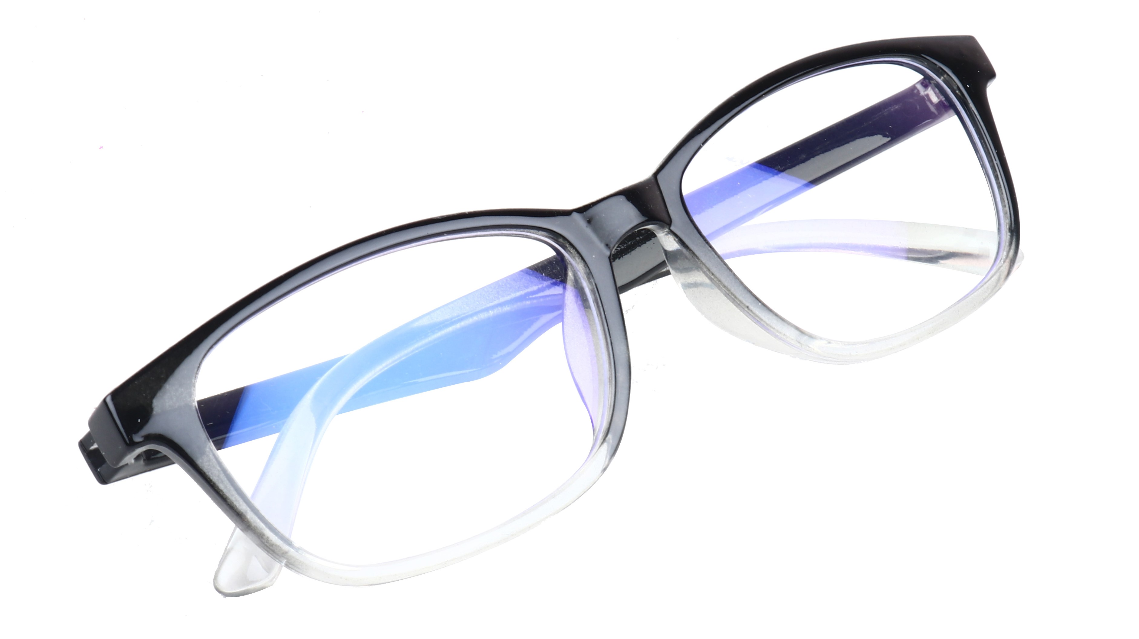Unisex Rectangular Spectacle Frame. Glossy Black & Transparent Frame.