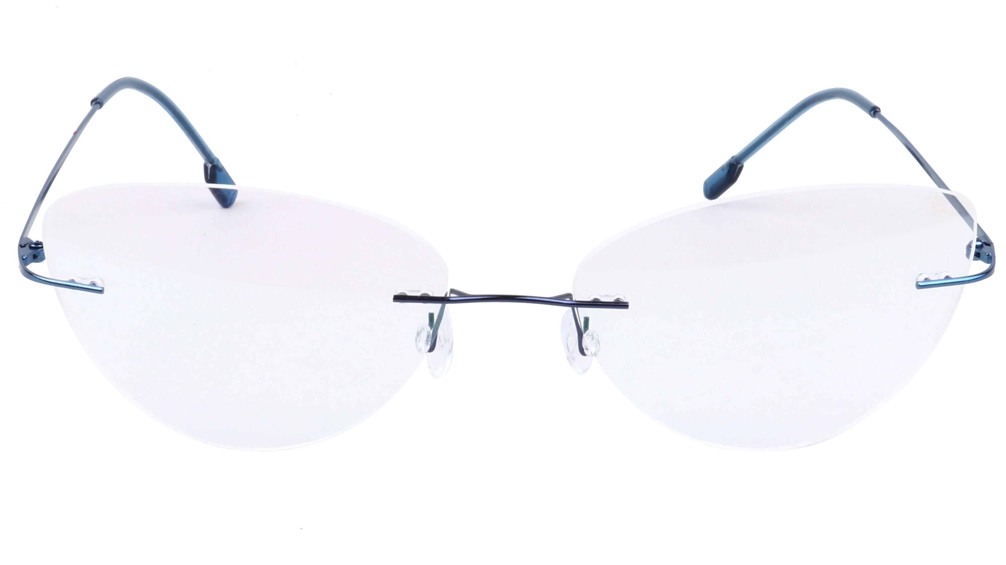 Female Rimless Cat Eye Spectacle Frame. Blue Color Metal Frame.