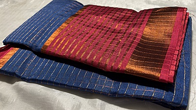Pushpa Fancy Copper Jari Saree - Navy Blue